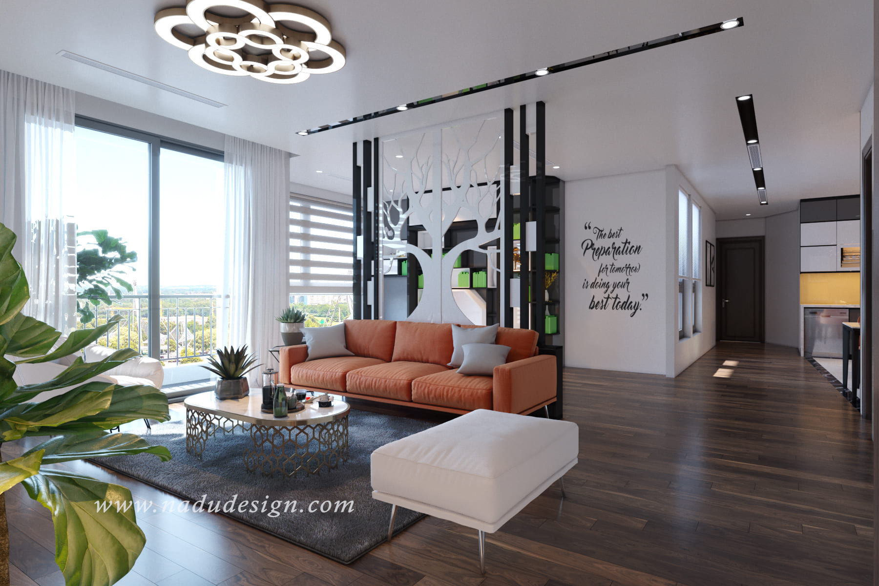 Thiết kế nội thất căn hộ Vinhomes Green Bay nổi bật với bộ sofa cam ấm nóng